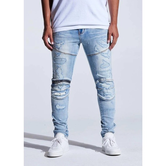 Crysp Denim Men's Bart Moto Distressed Rips Skinny Fit Stretch Denim Jeans - Picture 1 of 6